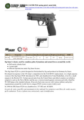 SIG SAUER P226 弹簧手枪金属滑套